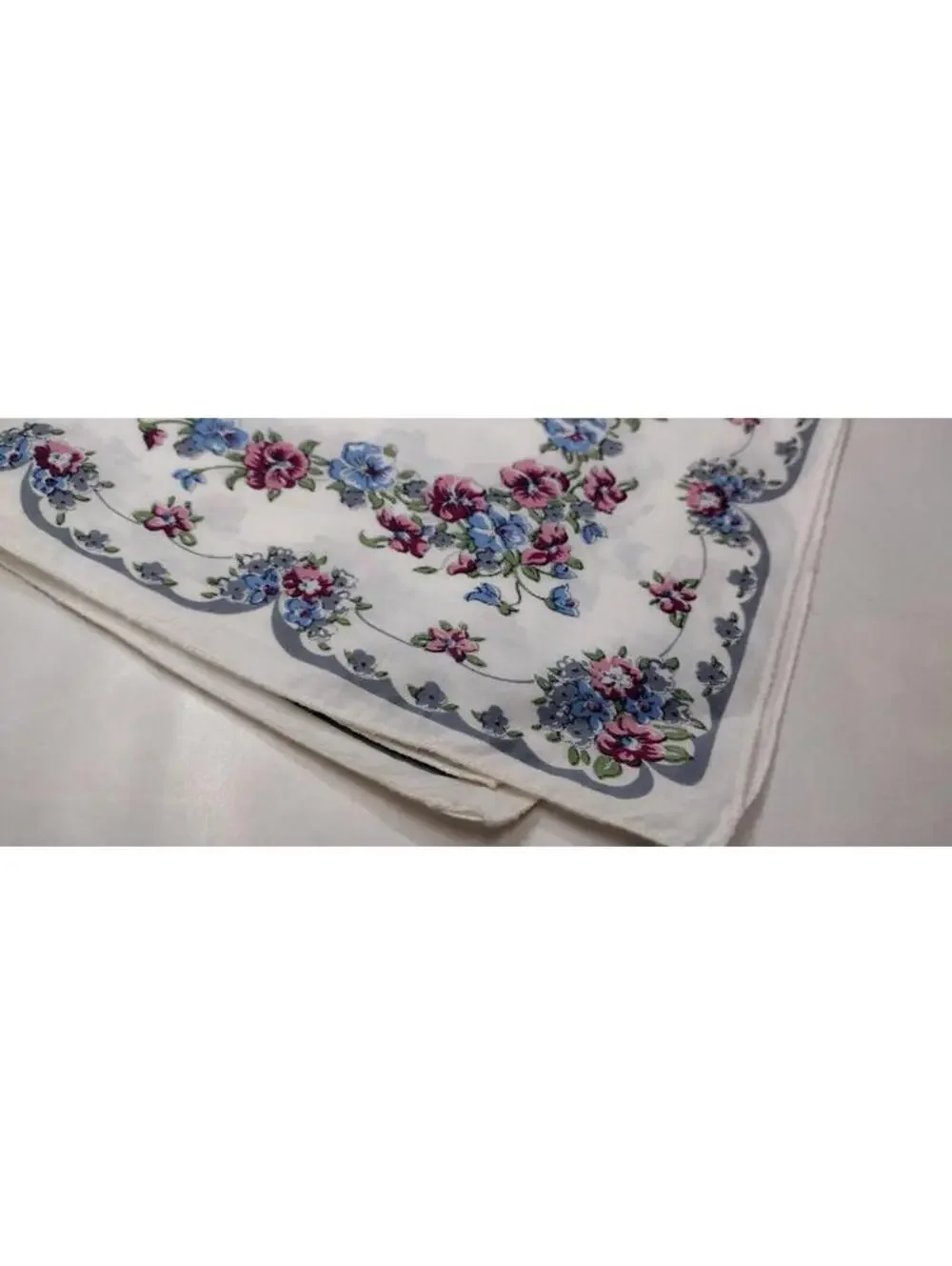 Vintage Hankie Cotton Gray White Floral Periwinkle Floral Handkerchief Placemat